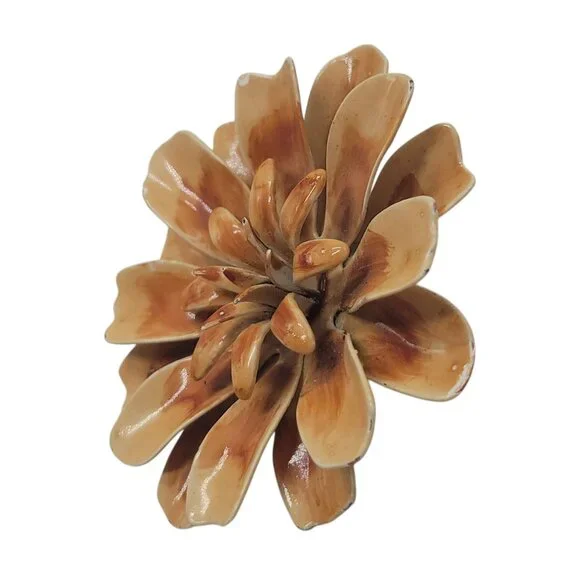 Vintage Enamel Flower Brooch Pin Brown Cream Retro Boho 3D 2.5" 1960s - Picture 5 of 8
